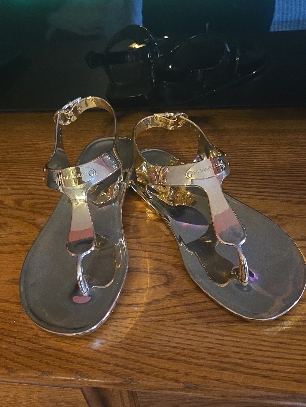Michael Kors Metallic Gold Jelly T-Strap Sandals
